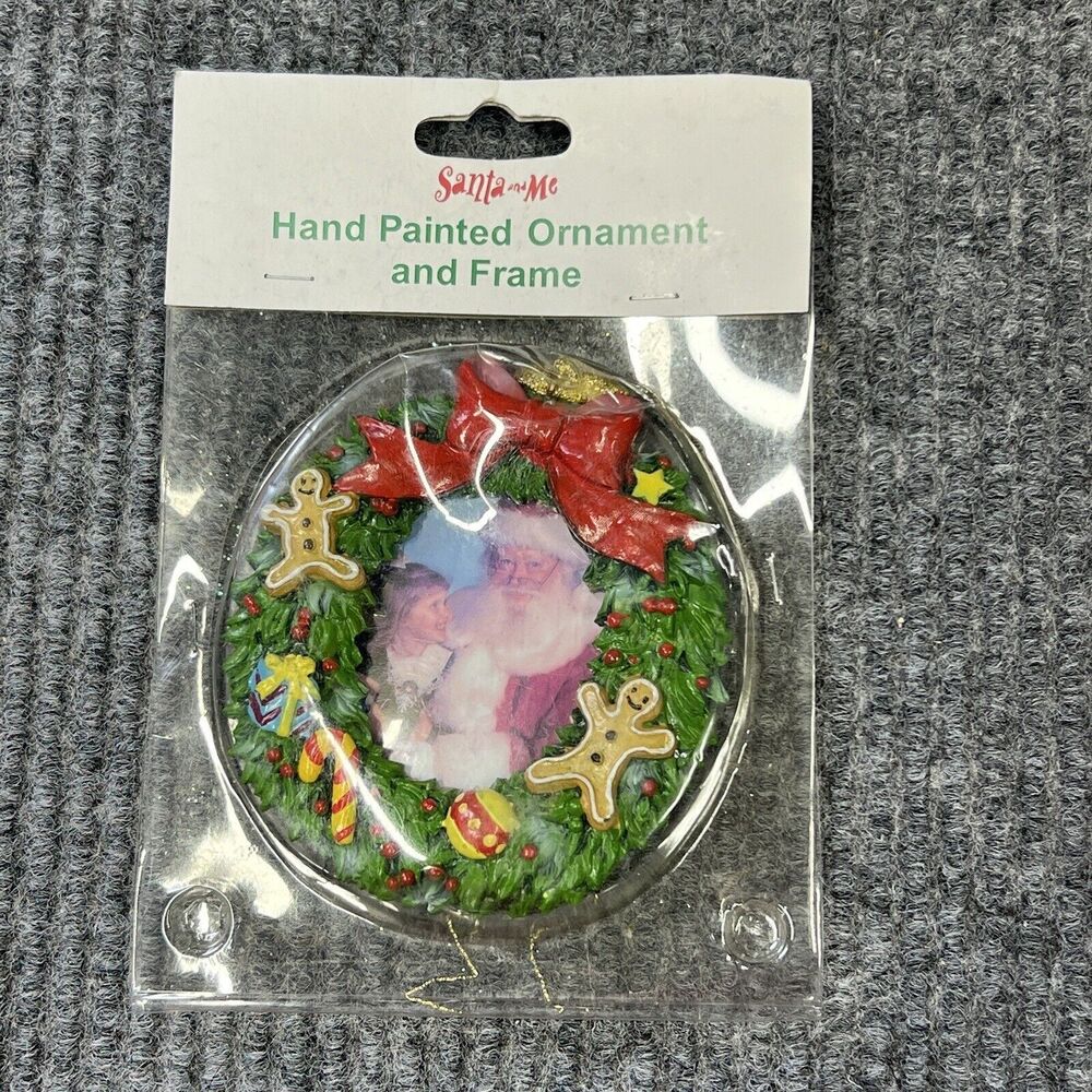 VTG Santa and Me Hand Painted Ornament & Frame‎ Gingerbread Candy Presents 4x3.5